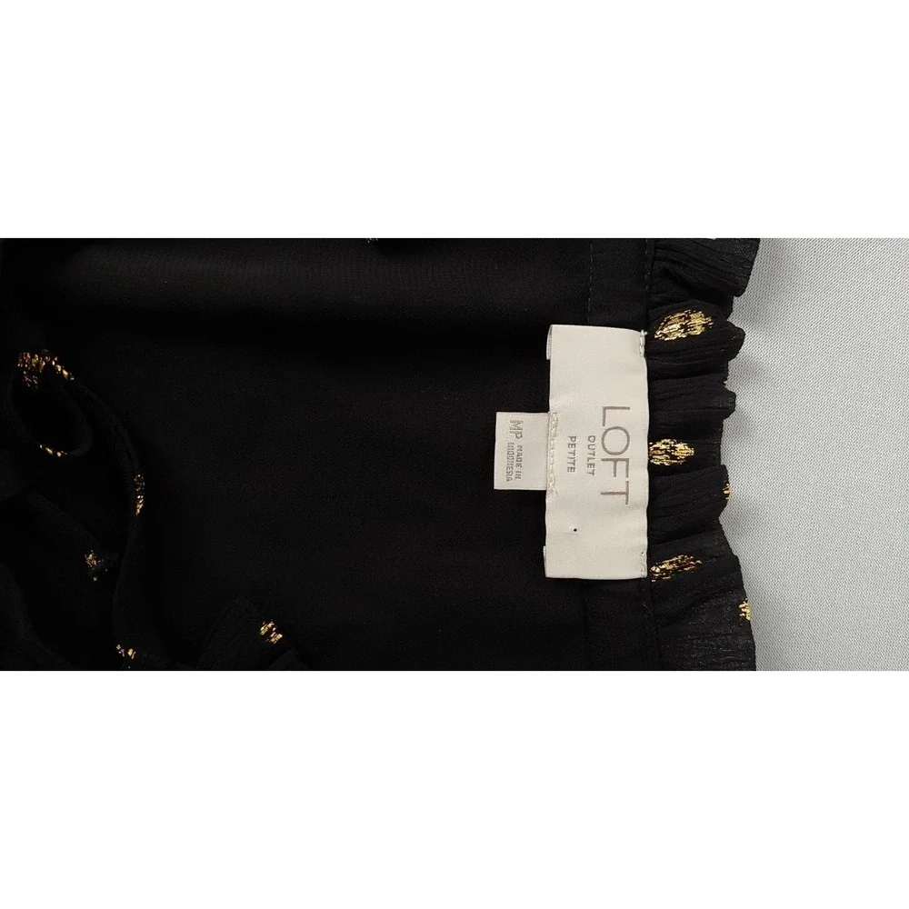 02 LOFT Outlet Petite Medium Petite Black Gold Metallic Dot Tiered Tunic‎ Blouse